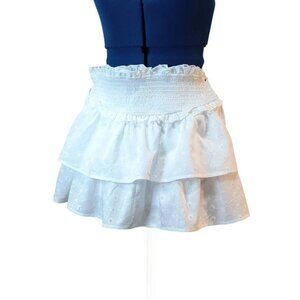 White Tiered Ruffle Mini Skirt / Skort, Smocked Waistband, Delicate Eyelet, M